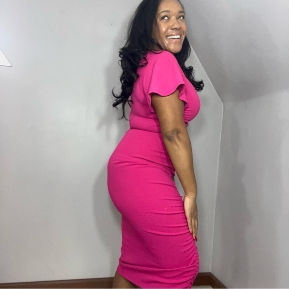 Rachel Roy pink midi dress flutter sleeve fitted bodycon fuchsia dress barbie - Picture 4 of 10